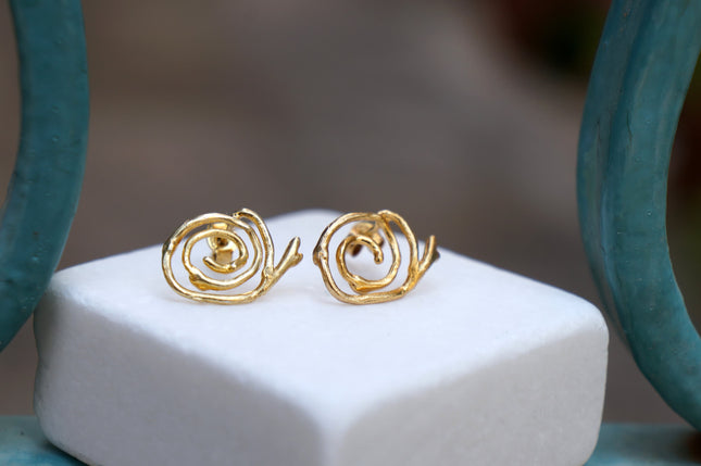 Solid Gold Earrings – Handmade Spiral Studs with Jasmine Plant Design,
