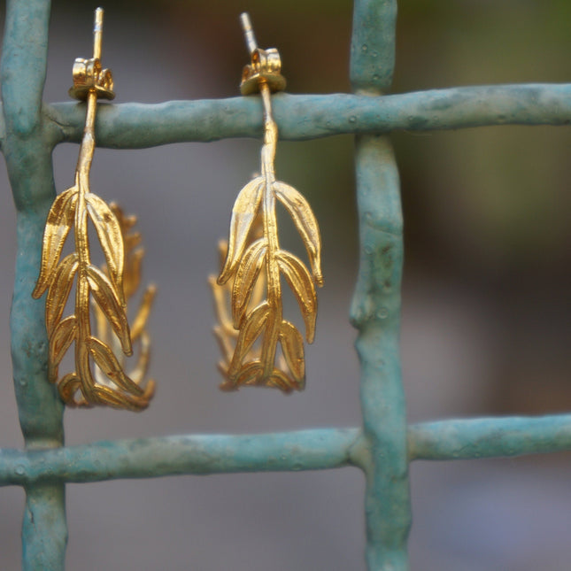 Gold Hoop Earrings – 14K Gold Plated Hoops with Real Leaf Botanical