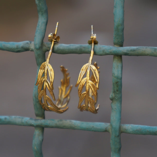 Gold Hoop Earrings – 14K Gold Plated Hoops with Real Leaf Botanical
