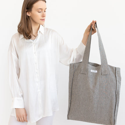 Striped Dark Grey linen weekender bag