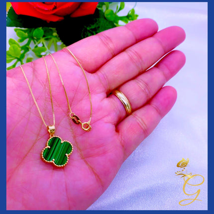 18K Real Gold 15mm Green Cloverleaf Necklace 18”