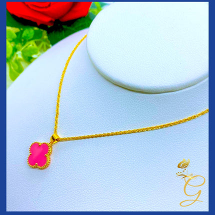 18K Real Gold 15mm Pink Cloverleaf Necklace 18”
