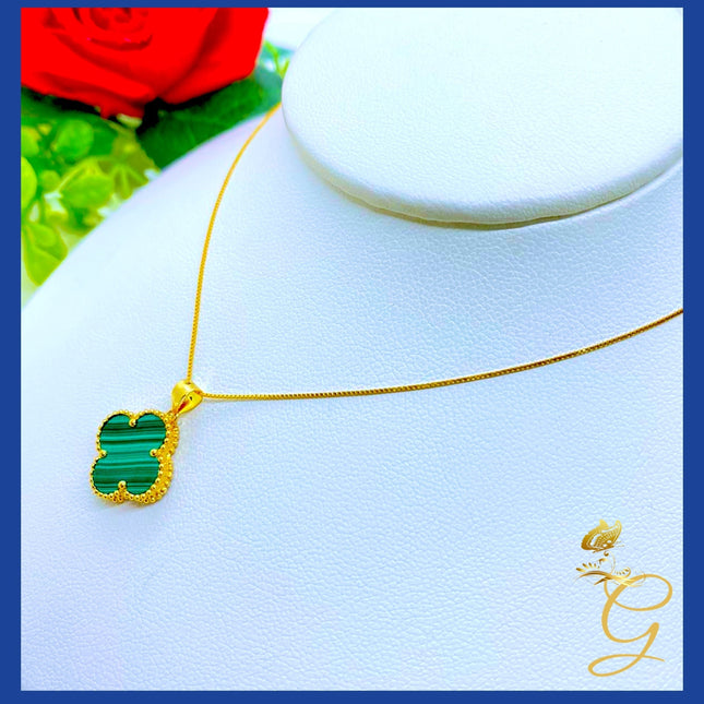 18K Real Gold 15mm Green Cloverleaf Necklace 18”