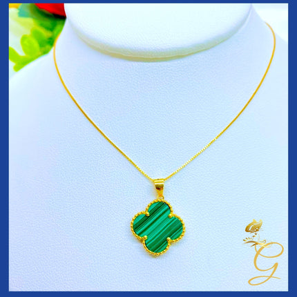 18K Real Gold 15mm Green Cloverleaf Necklace 18”