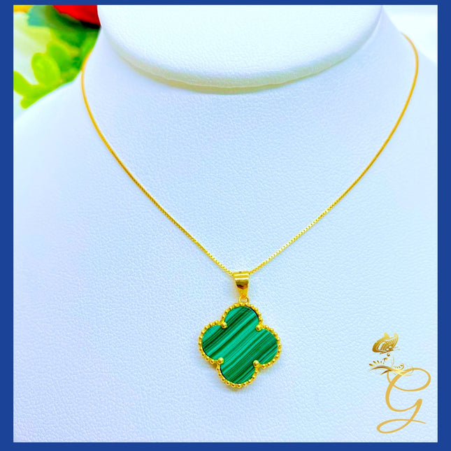18K Real Gold 15mm Green Cloverleaf Necklace 18”