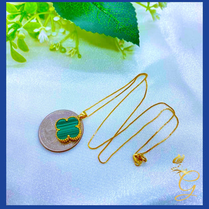 18K Real Gold 15mm Green Cloverleaf Necklace 18”