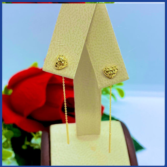18K Real Gold Heart Drop Earrings 2”