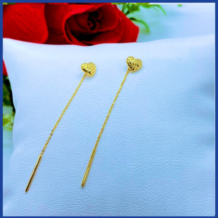 18K Real Gold Heart Drop Earrings 2”