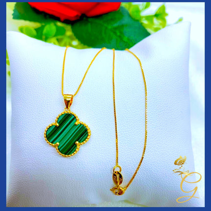 18K Real Gold 15mm Green Cloverleaf Necklace 18”