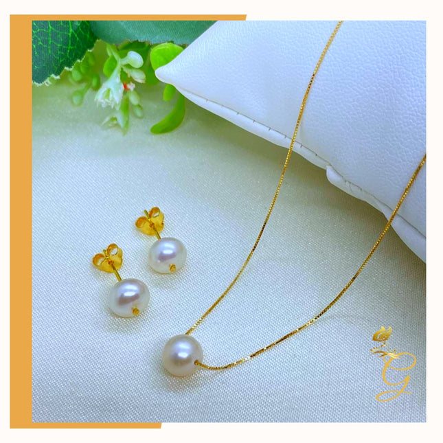 18K Real Gold Set of white Pearl Earrings and Necklace 18”