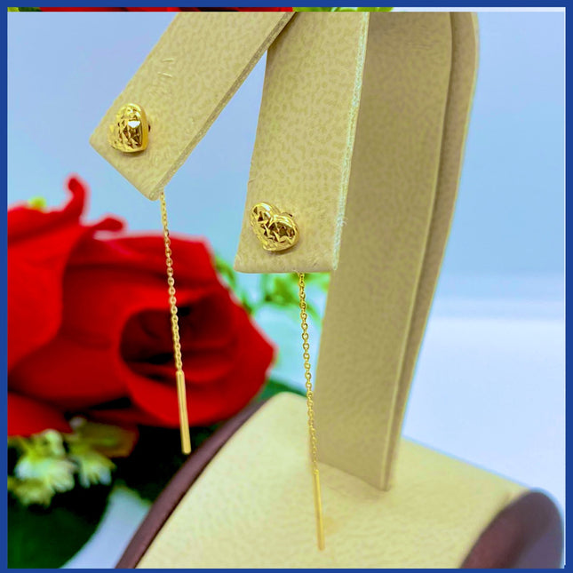 18K Real Gold Heart Drop Earrings 2”