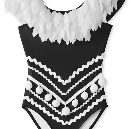 Black Draped Swimsuit with Petals & Pom Poms