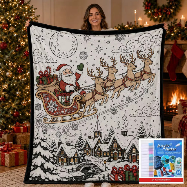 Christmas Coloring Fleece Blanket, Santa Pattern Doodle Throw Blanket, Seasonal Soft Nap Blanket for Home Office Decor
