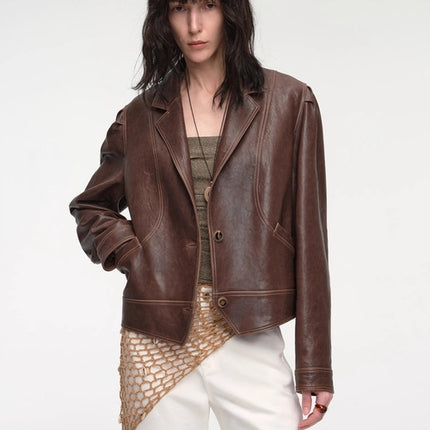 New Zealand imported waxed sheepskin distressed short leather jacket