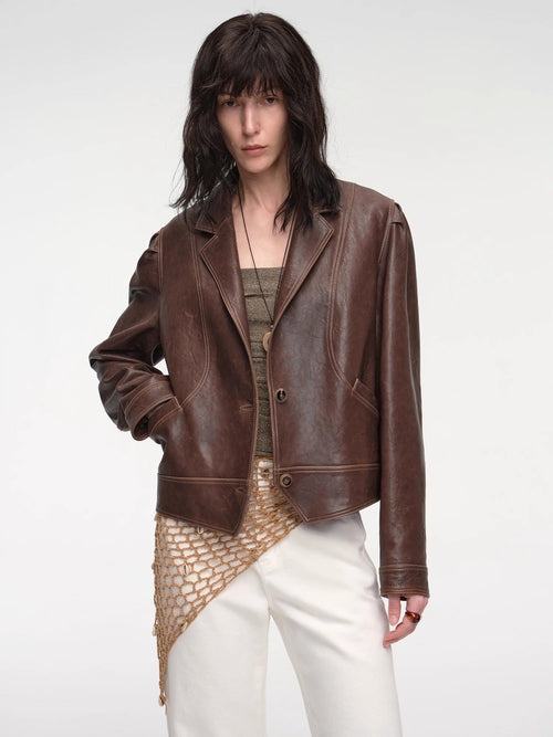 New Zealand imported waxed sheepskin distressed short leather jacket