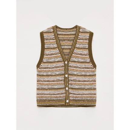 "Nice Weekend" striped mixed woven V-neck early spring layered knitted