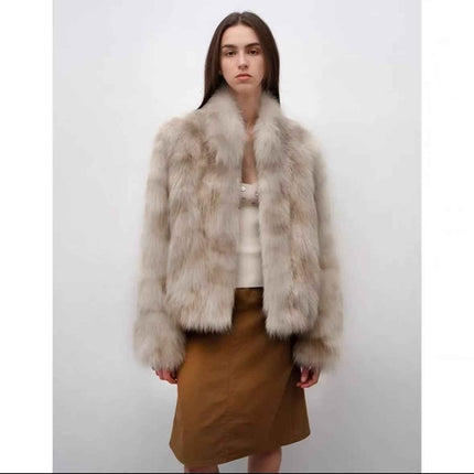 Polar Snow Casual Handmade Swoosh Printed Stand Up Lapel Fox Fur Coat