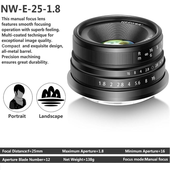 25mm f/1.8 Manual Focus Prime Fixed Lens for Sony E-Mount Digital