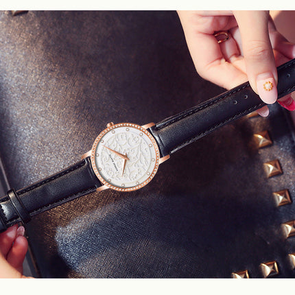 Women Watches Leather Wristwatch Fashion 3D Engraving Japanese Quartz
