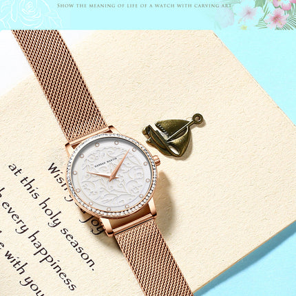 Women Watches Leather Wristwatch Fashion 3D Engraving Japanese Quartz