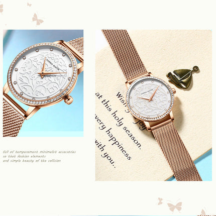 Women Watches Leather Wristwatch Fashion 3D Engraving Japanese Quartz