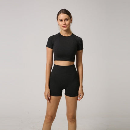 Seamless Women Yoga Set Crop Top Short Sleeve Shirt Fitness Shorts