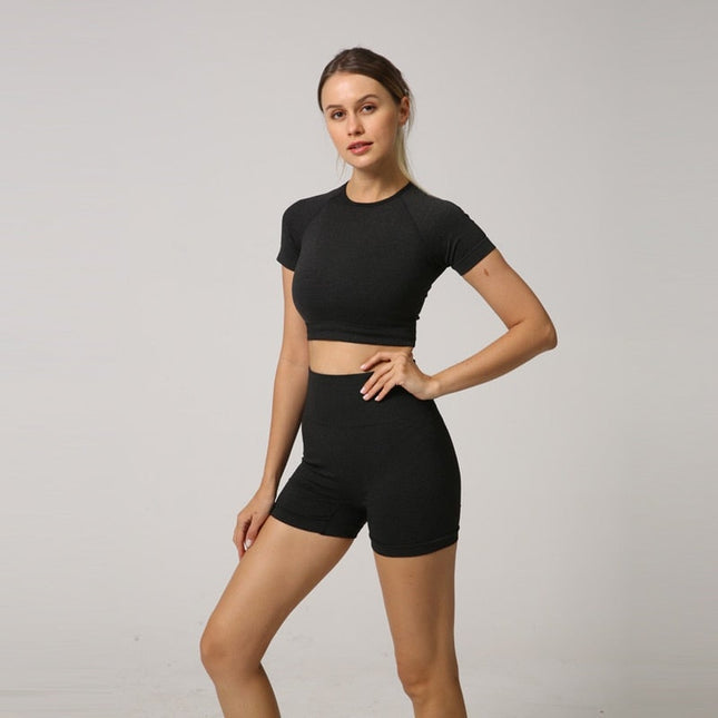 Seamless Women Yoga Set Crop Top Short Sleeve Shirt Fitness Shorts