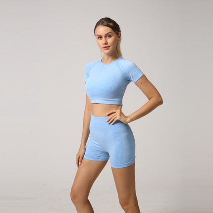 Seamless Women Yoga Set Crop Top Short Sleeve Shirt Fitness Shorts