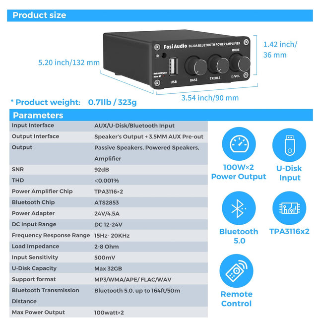 Bluetooth Sound Power Amplifier Fosi Audio 100W Mini HiFi Class D Amp
