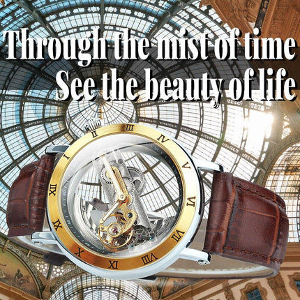Skeleton Automatic Watch for Men Mechanical Wristwatch Golden Bridge