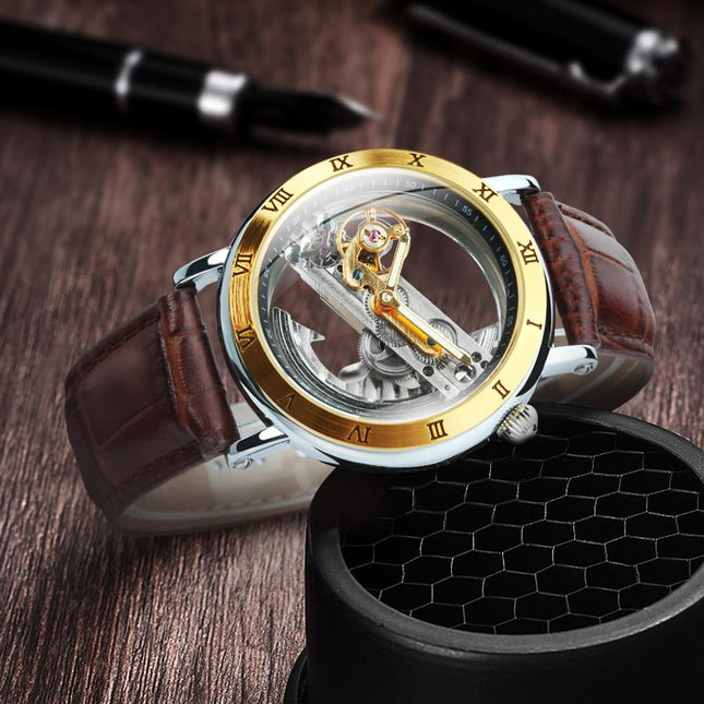 Skeleton Automatic Watch for Men Mechanical Wristwatch Golden Bridge