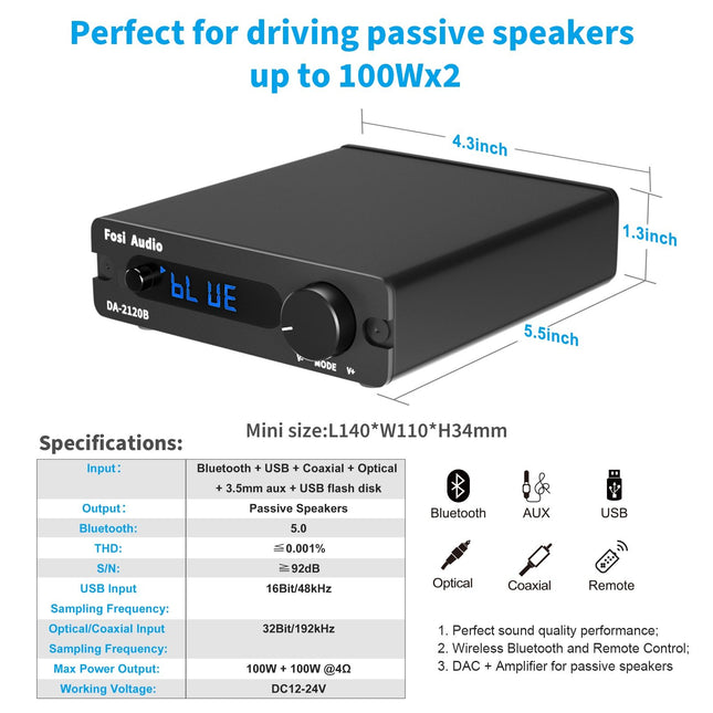 Bluetooth Amplifier Stereo Audio Class D Wireless Power Amp Hifi 100W