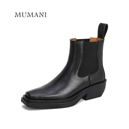 Woman‘s ANKLE Genuine Leather Square heel Square Toe Concise Slip On