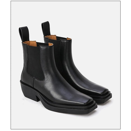 Woman‘s ANKLE Genuine Leather Square heel Square Toe Concise Slip On