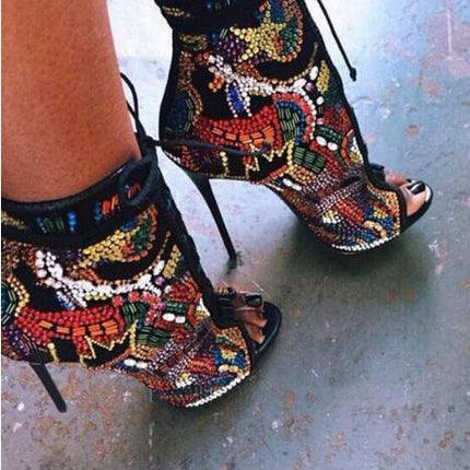 Women's Boots Multicolor Crystal Ankle Boots Open Toe Lace-up Shoes