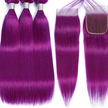 Purple 10A Grade Silver #1B/ purple  3/4 Straight BUNDLES with CLOSURE