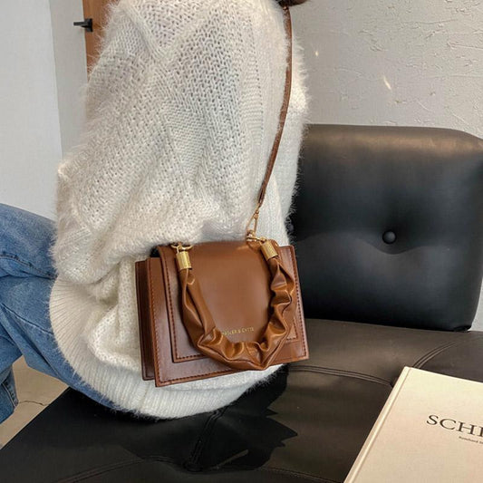 Women Pleated Handbag Tote Retro Stone Pattern PU Leather Lady Flap