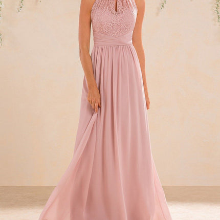 Simple Elegant Pink Halter Bridesmaid Dresses Illusion Lace Long
