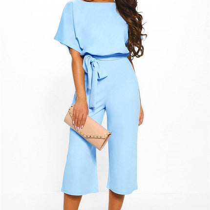 Summer Fashion Simple Short Sleeve Jumpsuit Women Wide Leg Pure Color