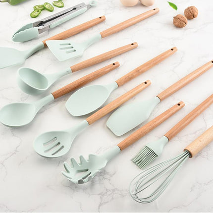 Wooden Handle Silicone Kitchenware Set Cooking Spoon Shovel Silicone