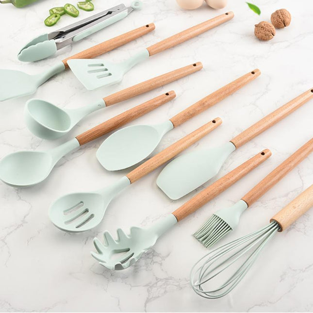 Wooden Handle Silicone Kitchenware Set Cooking Spoon Shovel Silicone