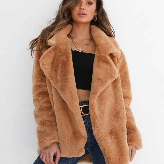 Women Winter Plush Coat Soft Fur Jackets Turn Down Collar Warm Outwear