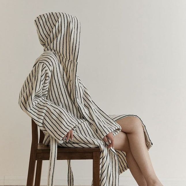 Retro 100% ORGANIC Long-stapled Cotton Hooded Stripe Bath Robe