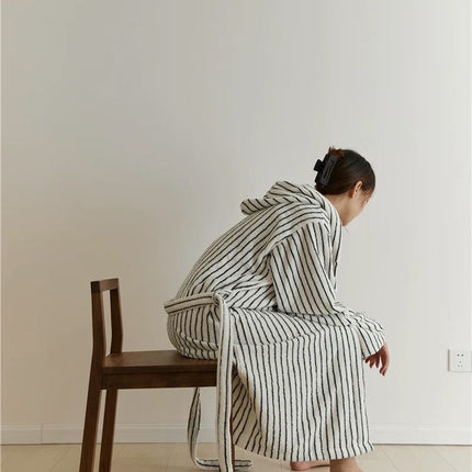 Retro 100% ORGANIC Long-stapled Cotton Hooded Stripe Bath Robe