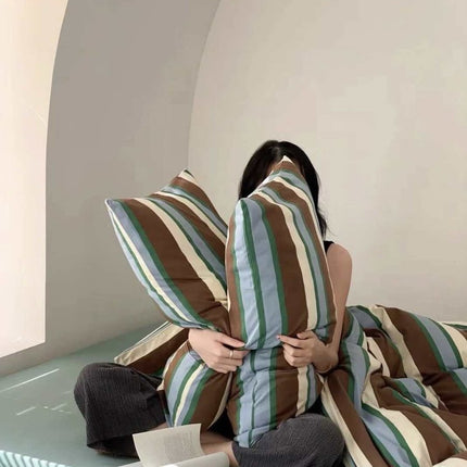 Retro Earthy Tone Stripe Queen Duvet Cover Set with Pillowcases, 100%