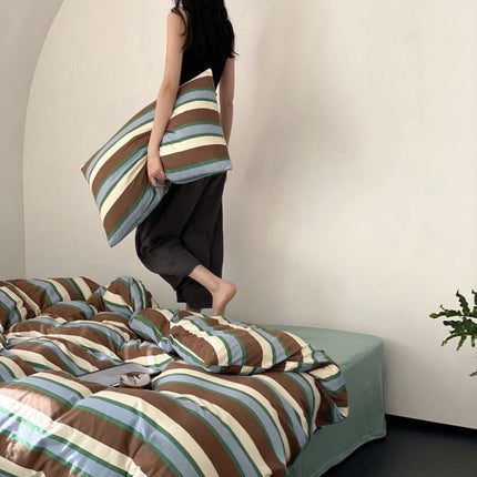 Retro Earthy Tone Stripe Queen Duvet Cover Set with Pillowcases, 100%