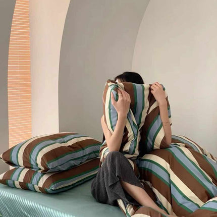 Retro Earthy Tone Stripe Queen Duvet Cover Set with Pillowcases, 100%