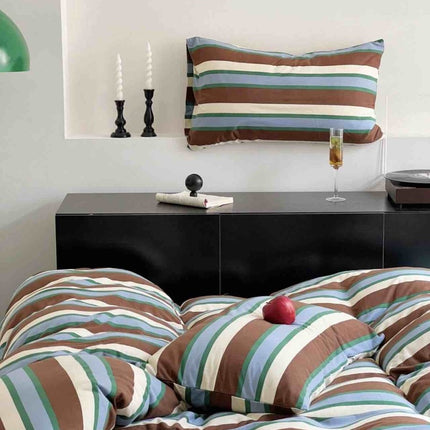 Retro Earthy Tone Stripe Queen Duvet Cover Set with Pillowcases, 100%