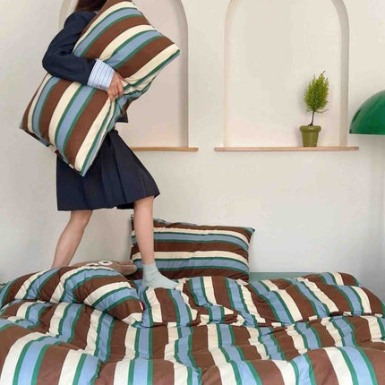 Retro Earthy Tone Stripe Queen Duvet Cover Set with Pillowcases, 100%
