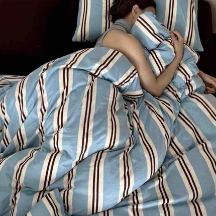 Retro Jersey Knit Blue Stripe Queen Bedding Set with Pillowcases & Fit